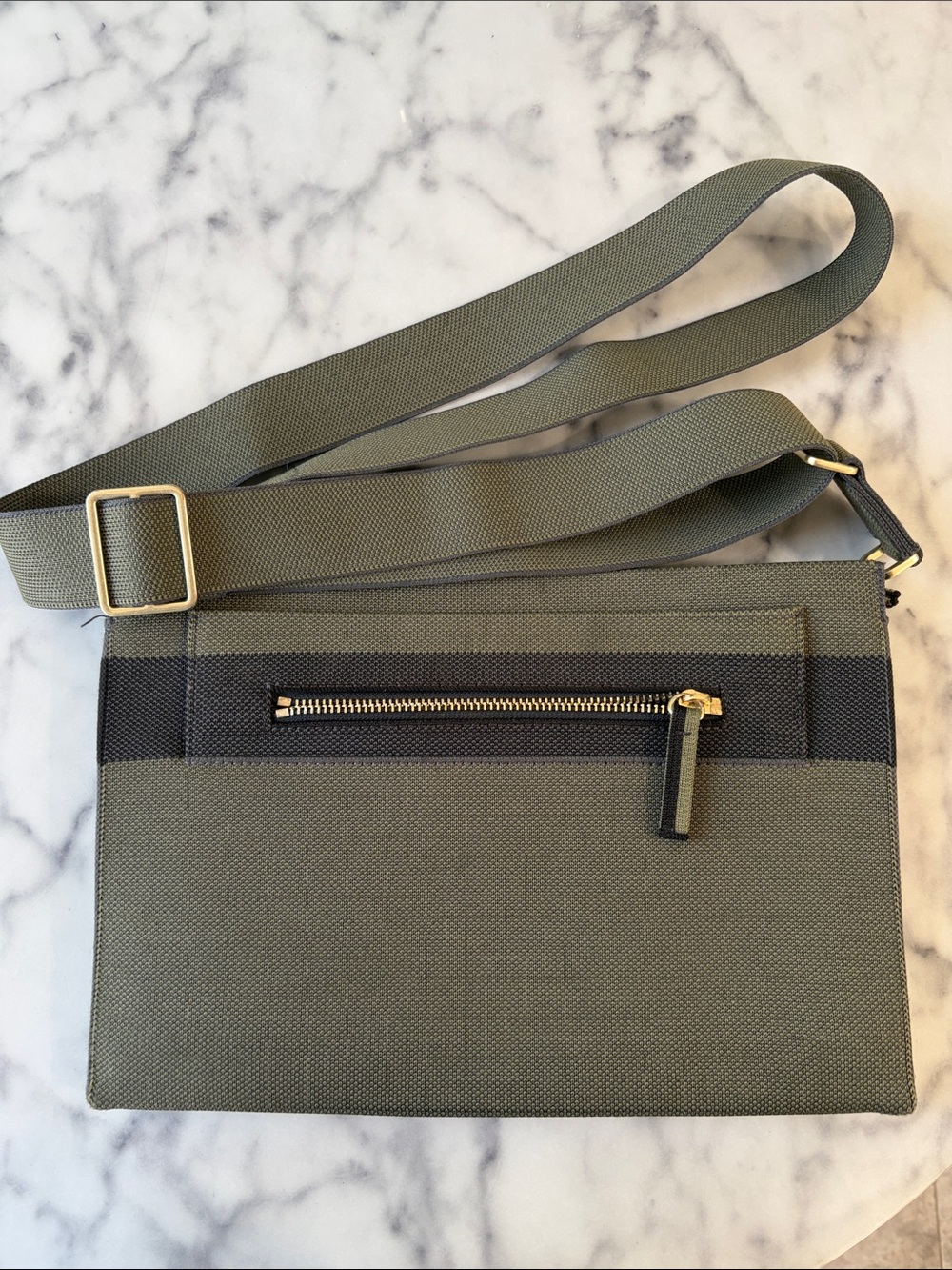Rothy’s Crossbody Bag in Olive Green w/Black Trim (8”W x 12”L x 3”D)